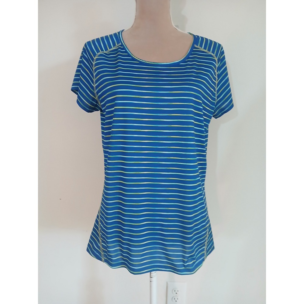 Reel Legends Womens Large Blue Striped Short Sleeve Performance Top Rear Pocket